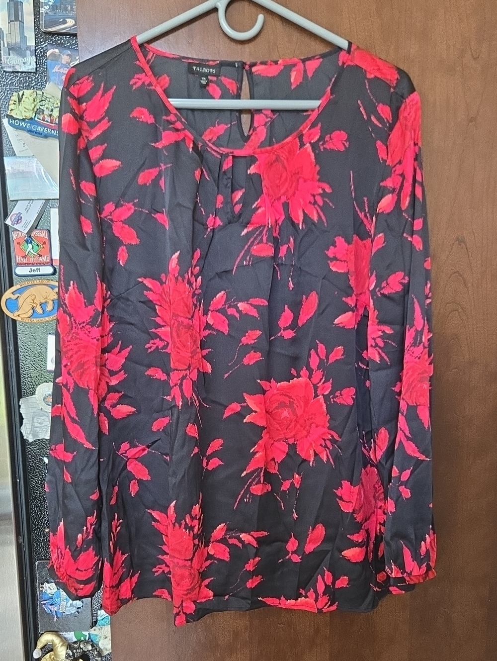 Talbots Black Blouse with Bright Red Floral Print